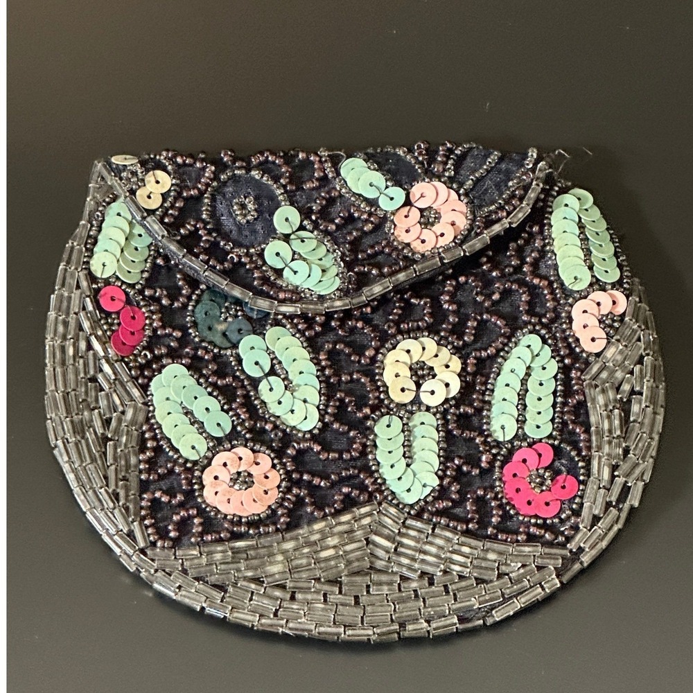 Vintage Floral Beaded Sequin Mini Coin Purse Pouch Snap‎ Closure Navy Silver